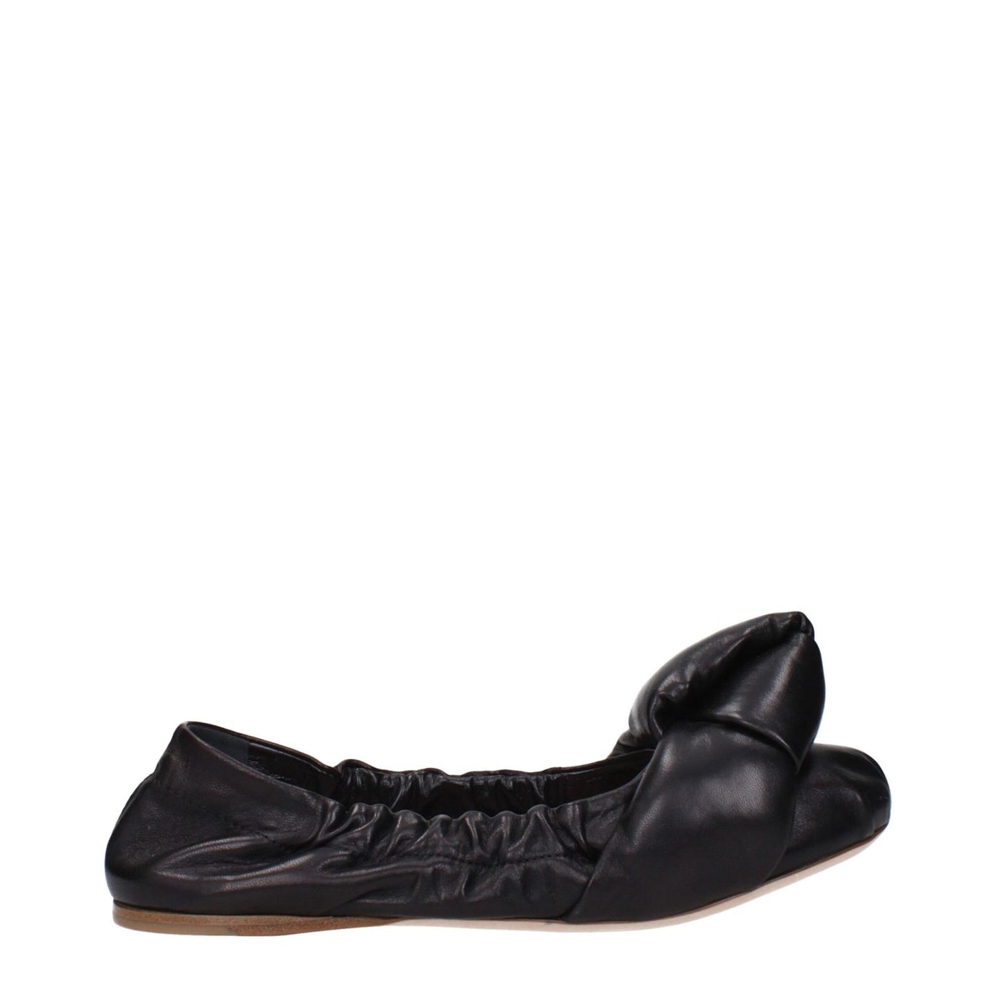 Miu Miu Black Leather Ballet Flats with round toe and low, flat heel. Casual style with leather sole and front detail.