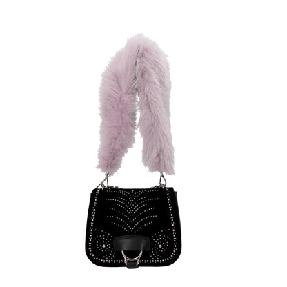 Miu Miu Purple Fur Shoulder Bag with silver details and hook closure, featuring fox fur, model MPN 5TX005VOLPEPATCHMUGHETTO.