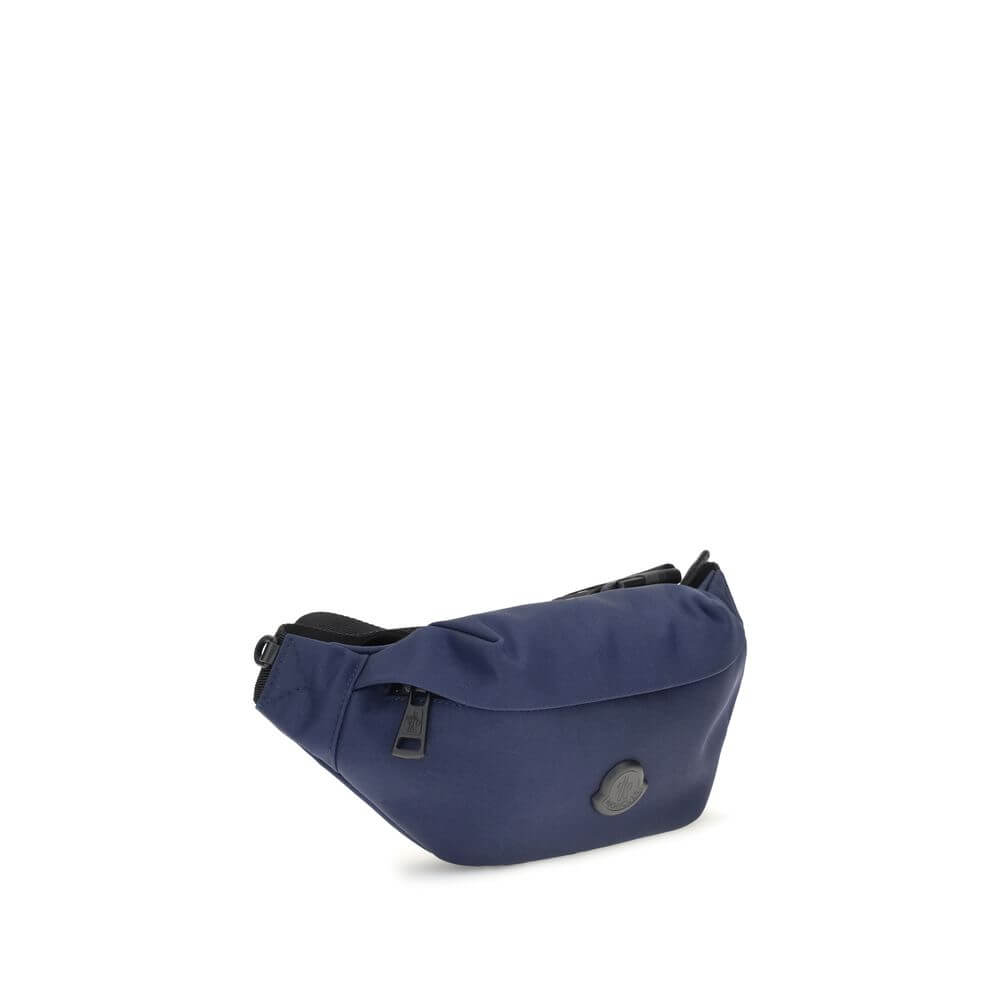 Moncler Blue Nylon Clutch Bag with leather trim and adjustable belt, water-repellent material, zippered pockets, and metal logo.