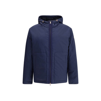 Moncler x Donald Glover Blue Goose Down Full-Length Jacket with drawstring hood and front zip fastening.