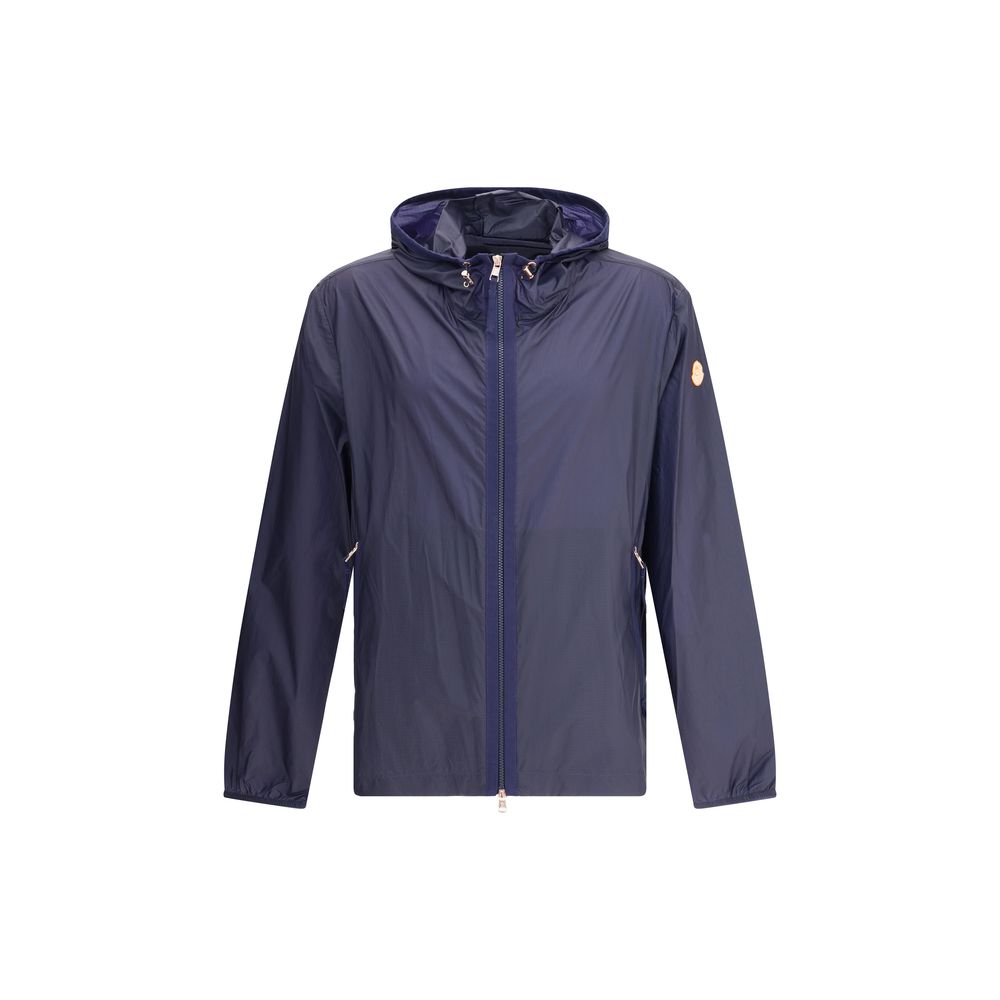 Moncler x Donald Glover Blue Nylon Shell Jacket, waterproof with hood and zip pockets, ideal for variable weather conditions.