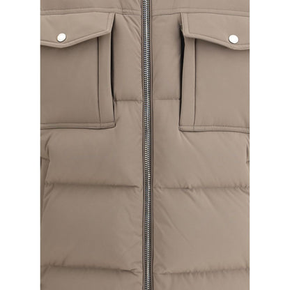 Close-up of MooRER Beige Alarick Padded Down Jacket detailing flap pockets and zipper, showcasing high-quality craftsmanship and design.