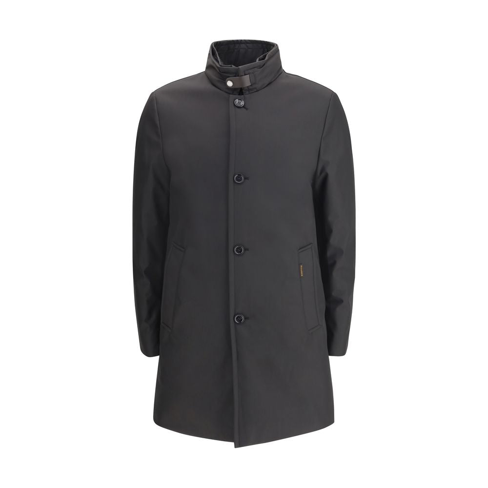 MooRER Black Polyester Coat with banded stand-up collar, windproof and water-repellent, featuring horn buttons and zipper closure.