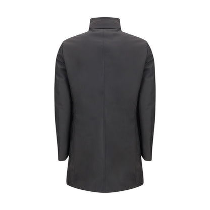 Back view of MooRER Black Polyester Coat with stand-up collar and sleek design.