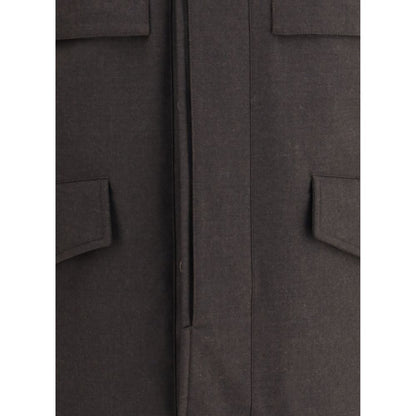 Close-up of MooRER Brown Fleece Wool Coat showcasing pocket details and front closure.