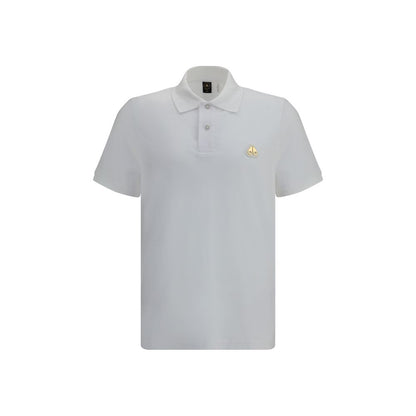 Moose Knuckles White Cotton Polo Shirt with buttoned collar, metal logo patch, and side slits, perfect for elegant and sporty style.