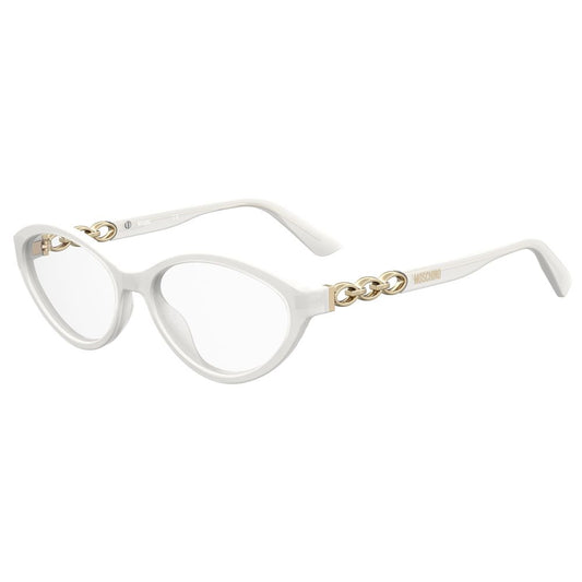 Moschino White Acetate Frames with chain embellishment, model MOS597-VK6, featuring a 55/16/140 mm measurement.