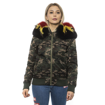Woman wearing Mr&Mrs Italy Army Polyamide Women Bomber Jacket with camouflage print and colorful fur hood.