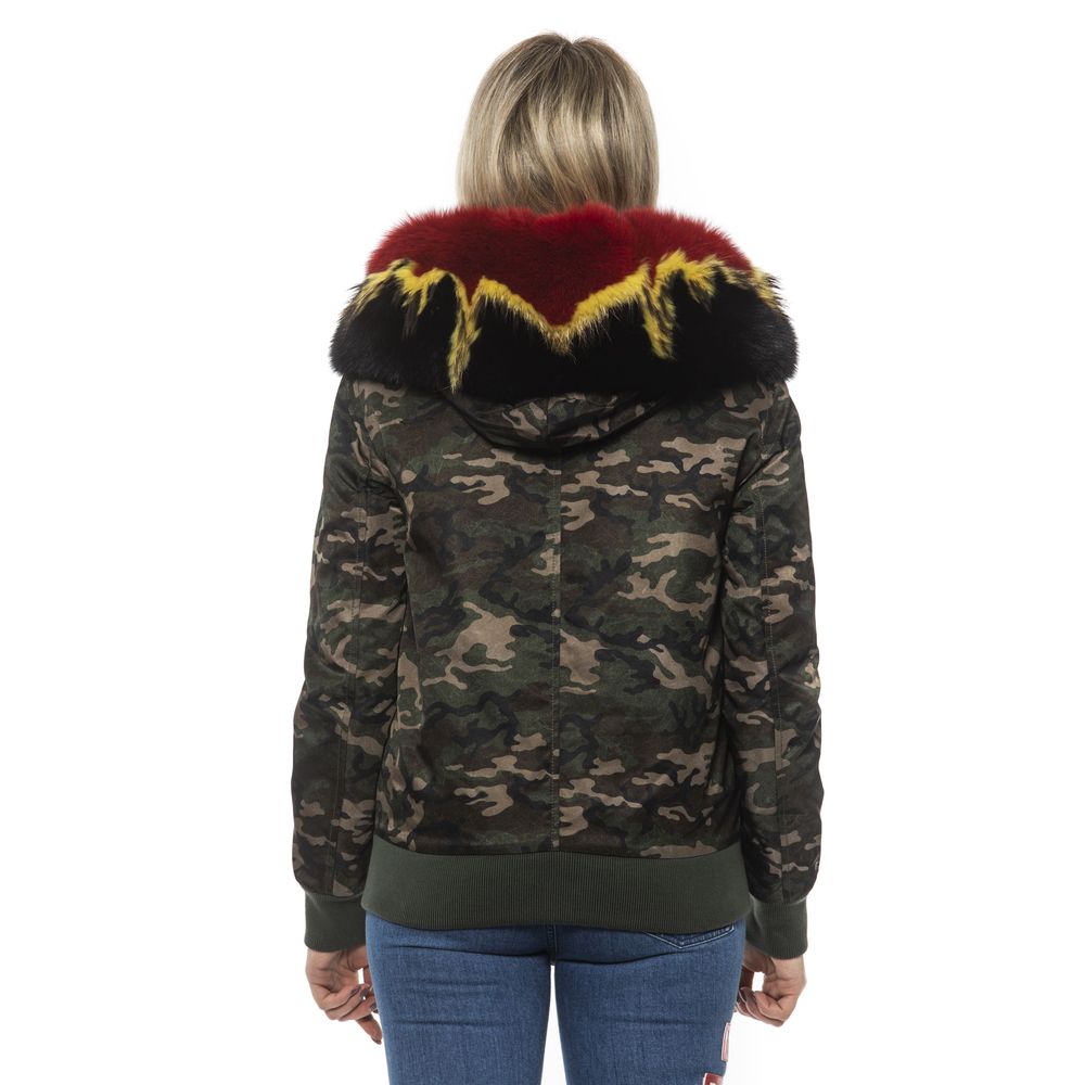 Back view of Mr&Mrs Italy Army Polyamide Women Bomber Jacket with camouflage print and colorful fur hood.
