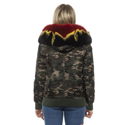 Back view of Mr&Mrs Italy Army Polyamide Women Bomber Jacket with camouflage print and colorful fur hood.