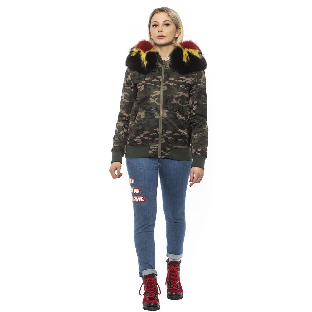 Woman wearing Mr&Mrs Italy Army Polyamide Women Bomber Jacket with camouflage print and colorful hood, showcasing urban chic style.