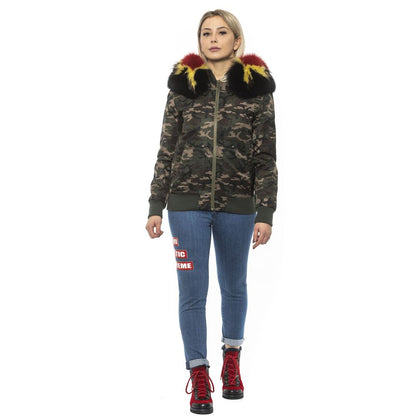 Woman wearing Mr&Mrs Italy Army Polyamide Women Bomber Jacket with camouflage print and colorful hood, showcasing urban chic style.