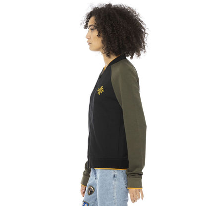 Side view of Mr&Mrs Italy Black Cotton Women Sweater with embroidered logo, long sleeves, and green accents.