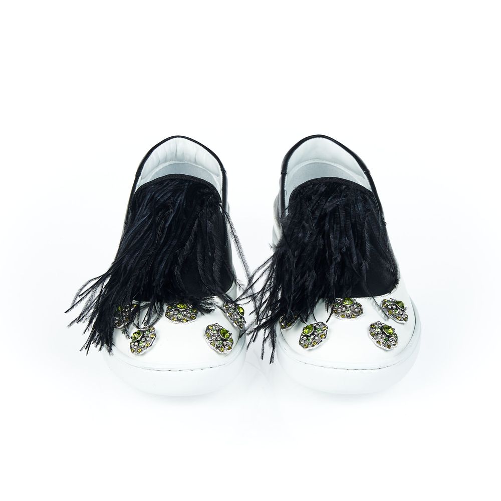 Mr&Mrs Italy Black Leather Women Slip-On Shoe with jewel appliqué and feather detailing, Italian craftsmanship.