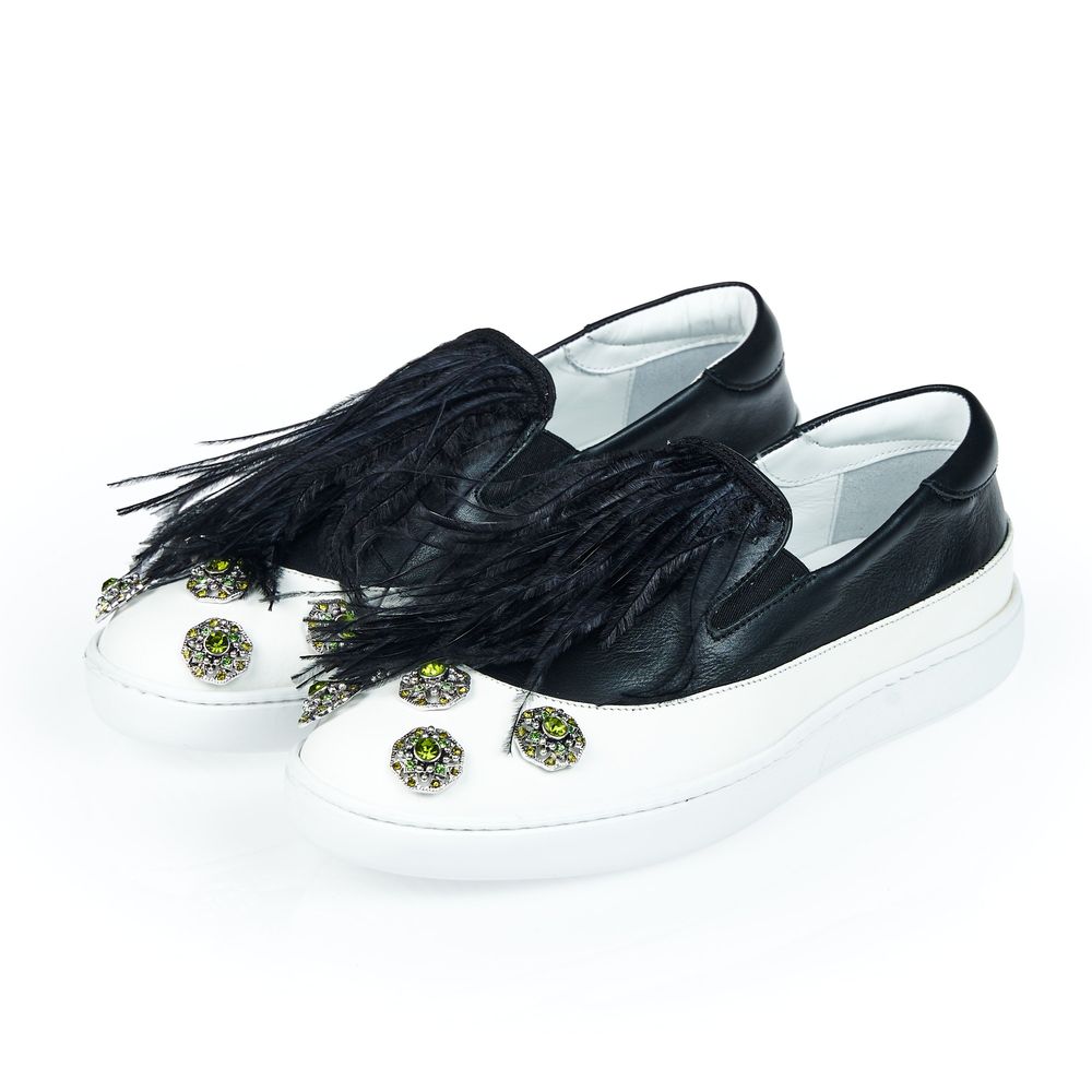 Mr&Mrs Italy Black Leather Women Slip-On Shoe with jewel appliqué and feather insert on white sole