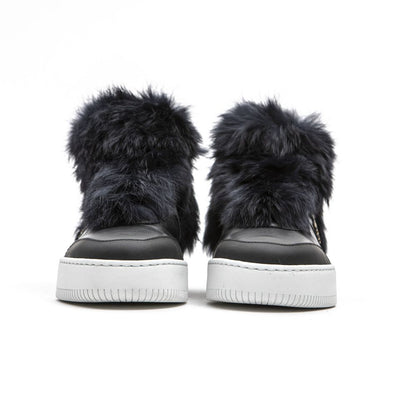 Front view of Mr&Mrs Italy Blue Cotton Women Sneaker with fur accents and white sole.