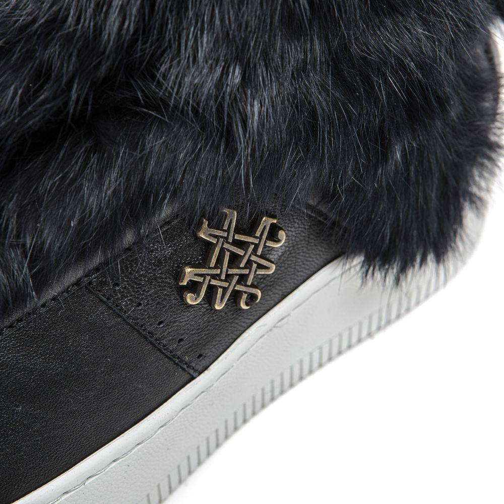 Close-up of luxury sneaker with fur detail, featuring an elegant metal emblem for Mr&Mrs Italy Blue Cotton Women Sneaker.