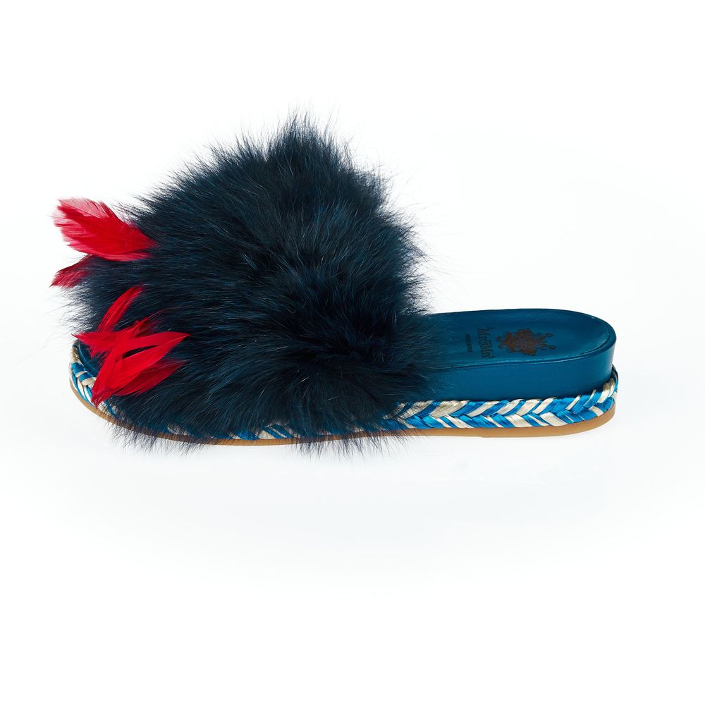 Stylish Mr&Mrs Italy Blue Lamb Leather Women Sandal with fur and feather band, perfect for fashion-forward individuals.