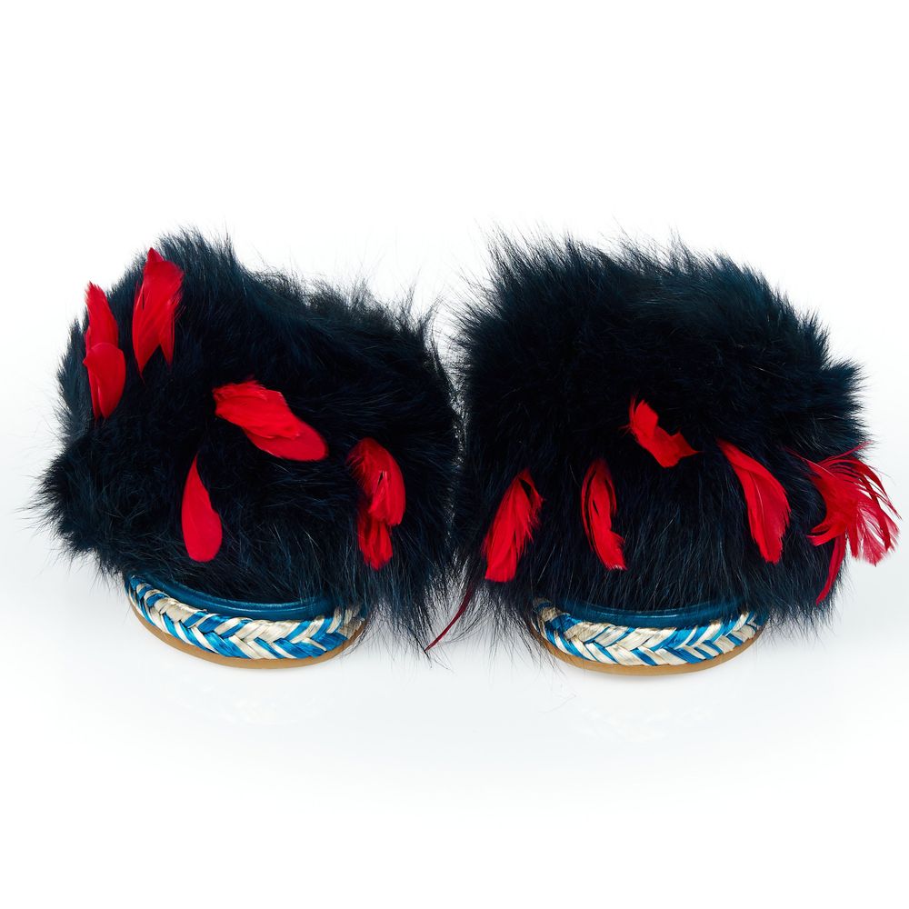 Mr&Mrs Italy Blue Lamb Leather Women Sandal with plush fur and feather design, featuring a vibrant rubber sole and intricate patterns.