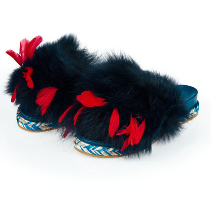 Mr&Mrs Italy Blue Lamb Leather Women Sandal with fur and feather details, stylish rubber sole