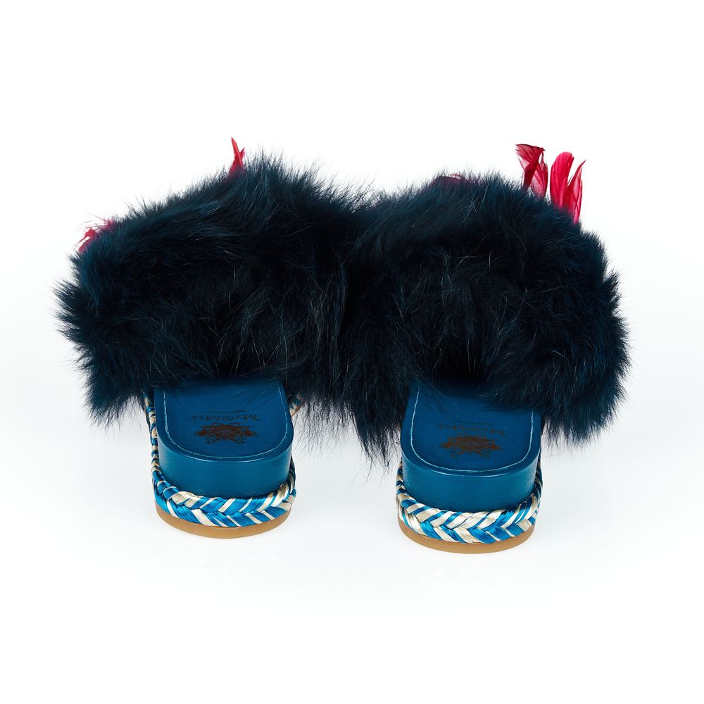 Mr&Mrs Italy Blue Lamb Leather Women Sandal with plush fur band and chic rubber sole, rear view with contrasting pattern details.