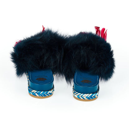 Mr&Mrs Italy Blue Lamb Leather Women Sandal with plush fur band and chic rubber sole, rear view with contrasting pattern details.