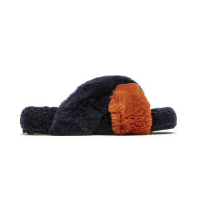 Mr&Mrs Italy Blue Rabbit Fur Women Sandal with luxurious rabbit and lamb fur in rich blue and orange hues, crafted in Italy.