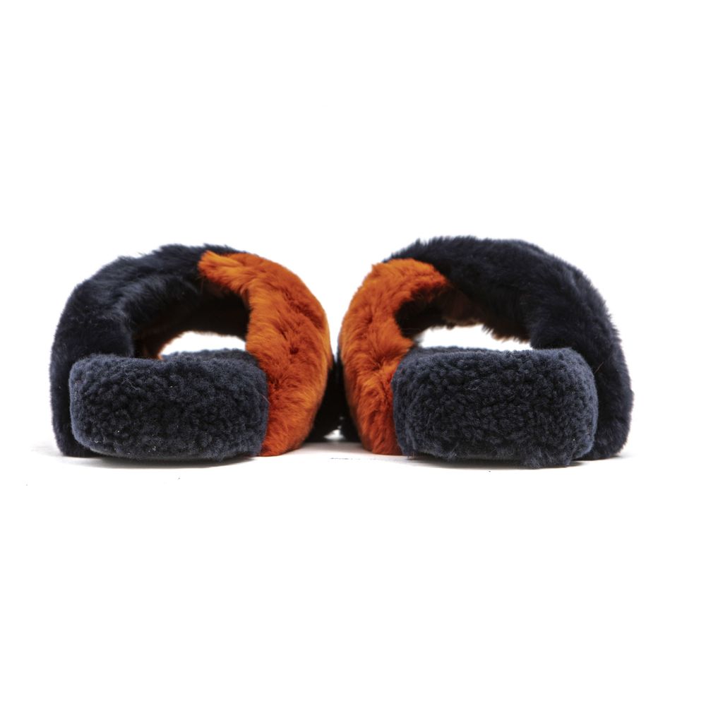 Rear view of Mr&Mrs Italy Blue Rabbit Fur Women Sandal with blue and orange fur, showcasing luxury Italian craftsmanship.