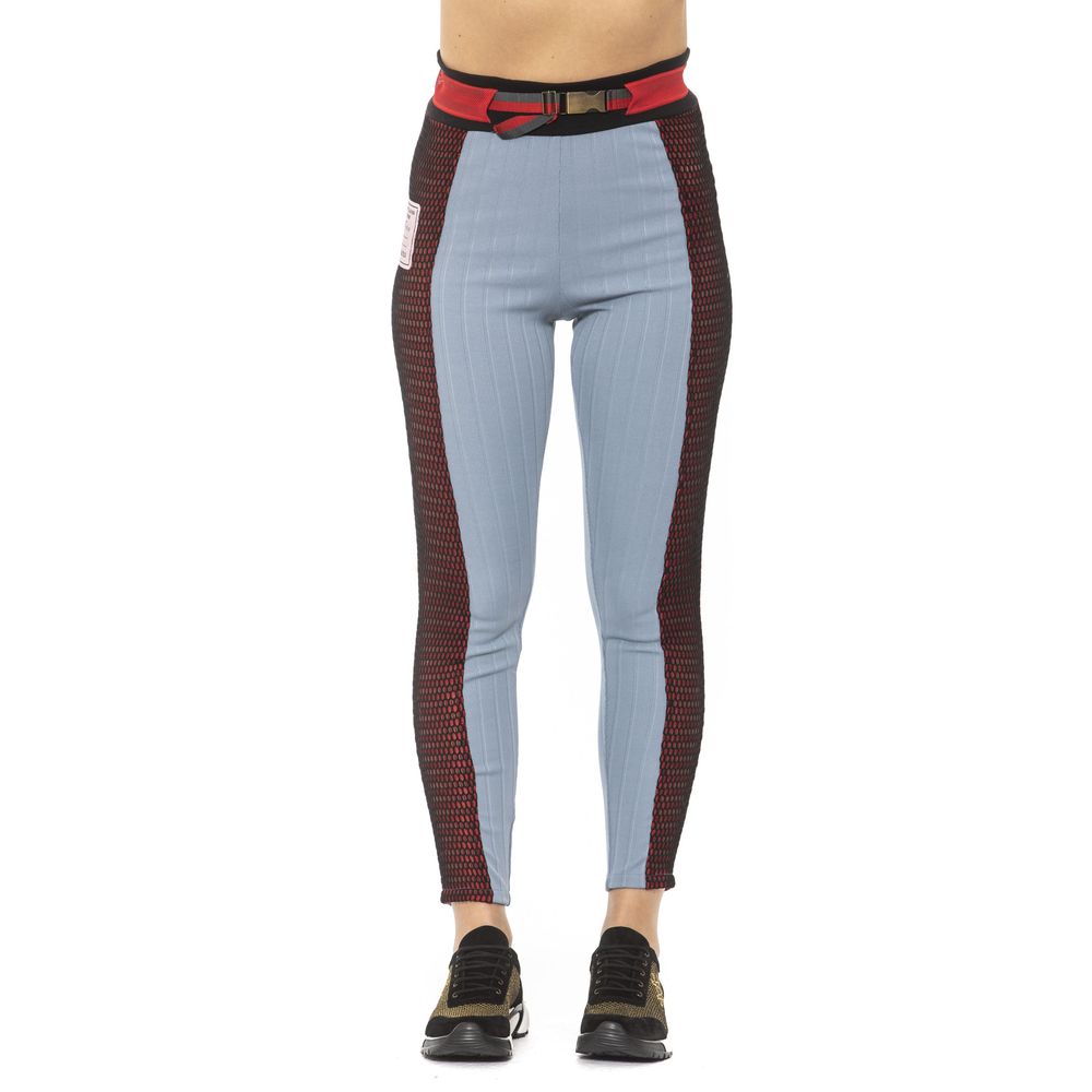 Mr&Mrs Italy Light Blue Cotton Women Leggings with embroidered patches and waist belt, chic fashion statement piece.