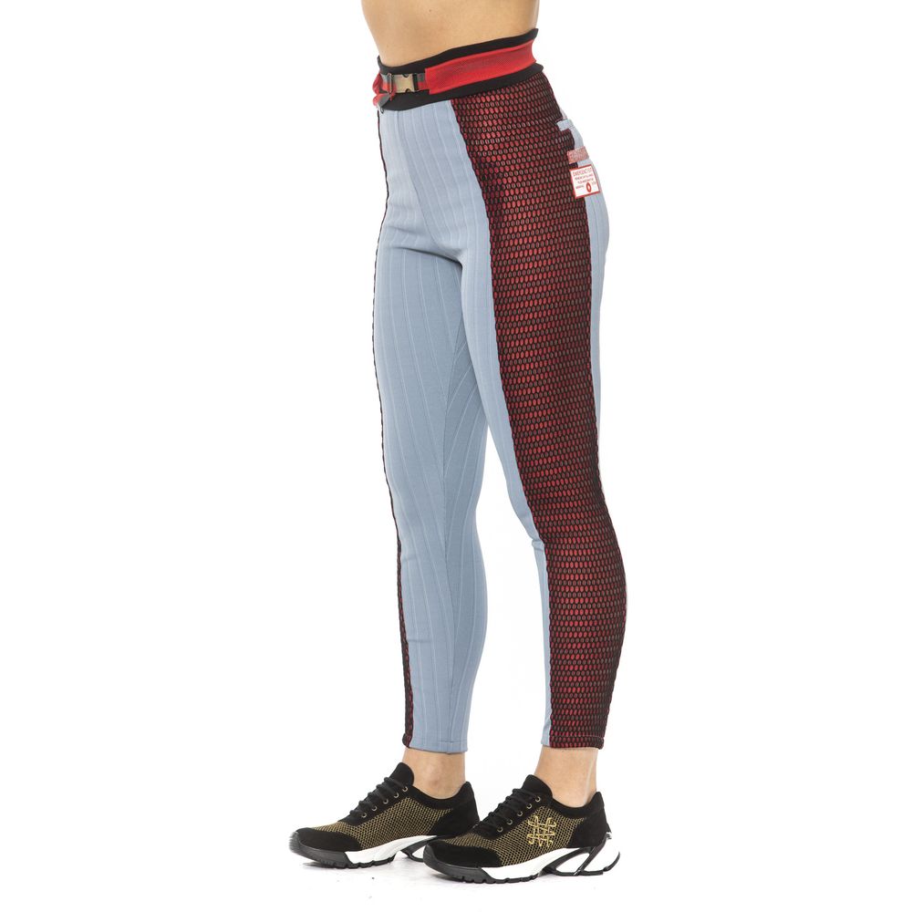 Mr&Mrs Italy Light Blue Cotton Women Leggings with embroidered patches and waist belt, side view showcasing unique design.