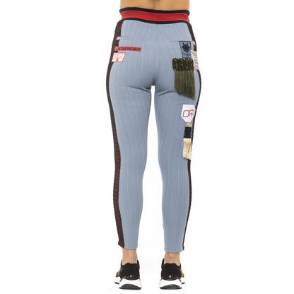 Back view of Mr&Mrs Italy Light Blue Cotton Women Leggings with embroidered patches and waist belt, showcasing chic design.