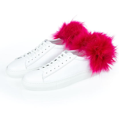 Mr&Mrs Italy White Lamb Leather Women Sneaker with pink fur pompon detail, crafted in Italy for a bold fashion statement.