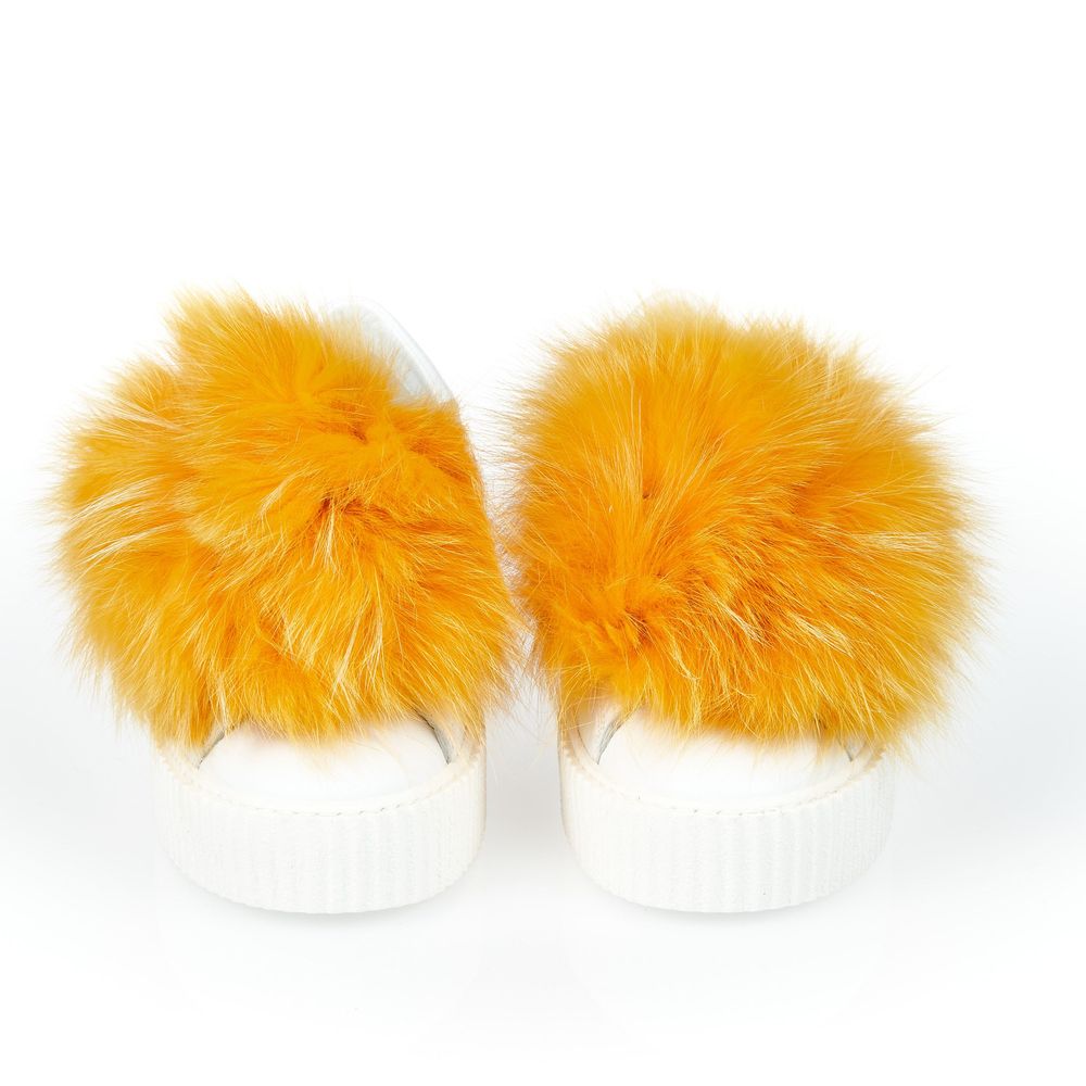 Mr&Mrs Italy White Textile Women Sneaker With Real Fur Pom Poms showcasing vibrant yellow pom poms and thick soles.