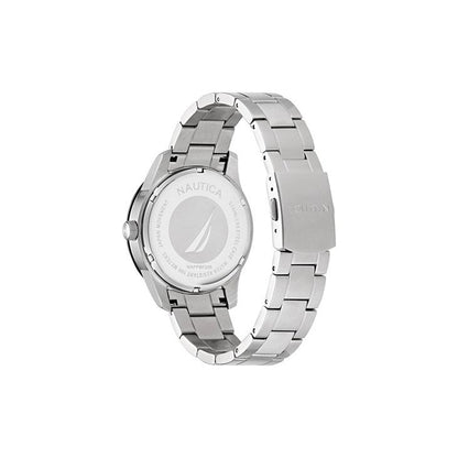 Back view of NAUTICA Mod. NAPPBF205 gent's quartz analog watch with silver bracelet, featuring 10 ATM water resistance.