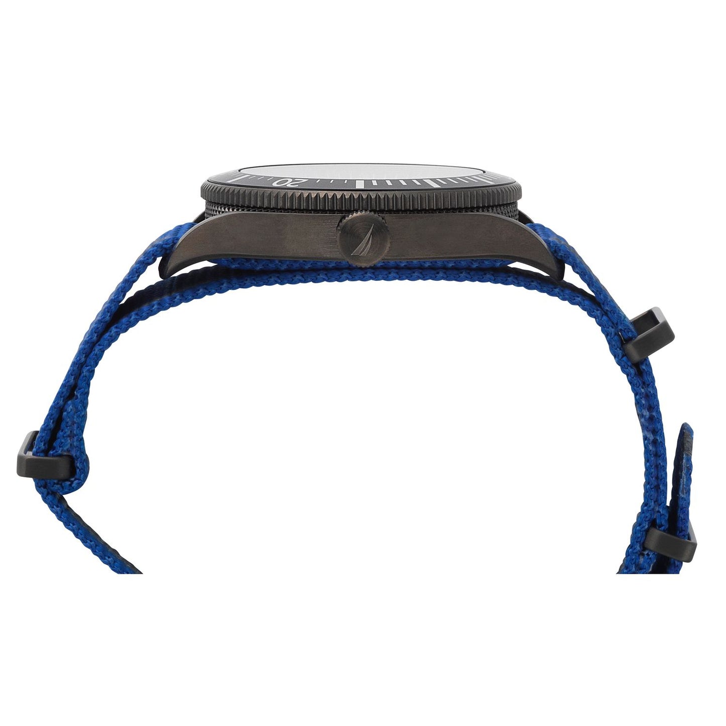 Side view of NAUTICA Mod. NAPPRF002 watch with blue strap and black case, quartz analog, water-resistant 10 ATM, 45mm case