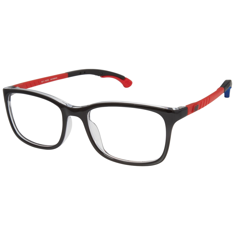 Rectangular black and red eyeglasses with clear lenses on a white background.