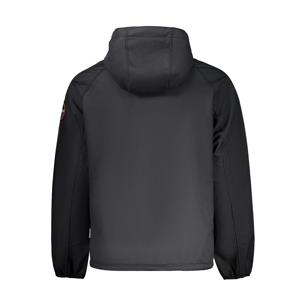 Napapijri Black Recycled Polyester Men Jacket, back view with hood and logo, showcasing sustainable design.