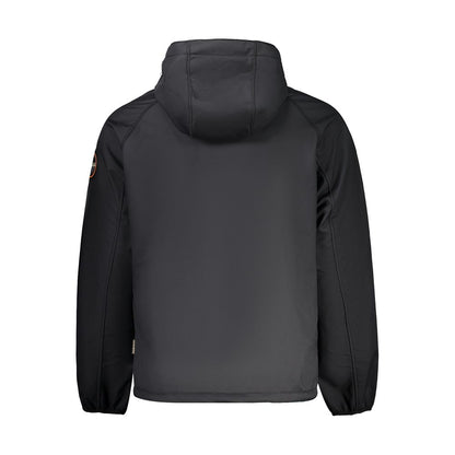 Napapijri Black Recycled Polyester Men Jacket, back view with hood and logo, showcasing sustainable design.