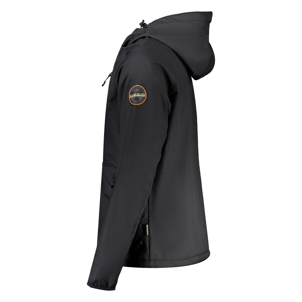 Napapijri Black Recycled Polyester Men Jacket with hood, showcasing sustainable fashion and logo detail, side view.