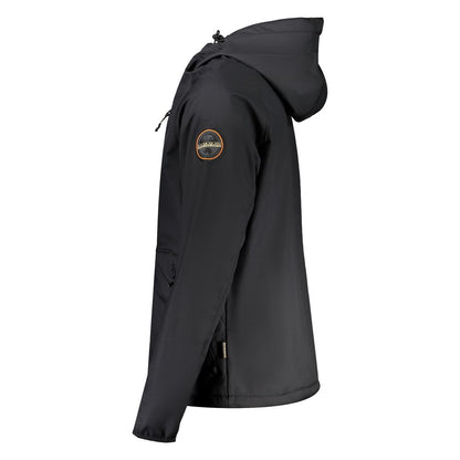 Napapijri Black Recycled Polyester Men Jacket with hood, showcasing sustainable fashion and logo detail, side view.