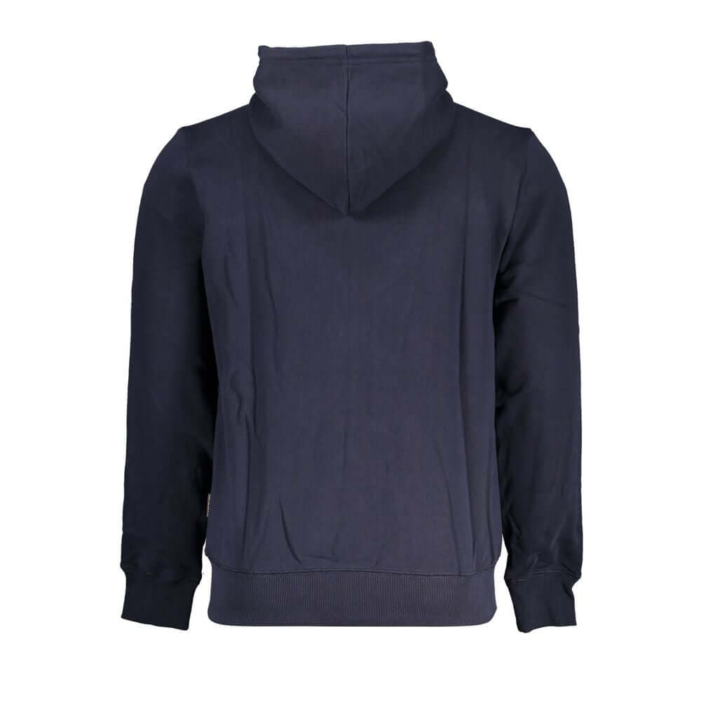 Back view of Napapijri Blue Cotton Men Sweater with Hood showcasing a clean design and comfortable fit.
