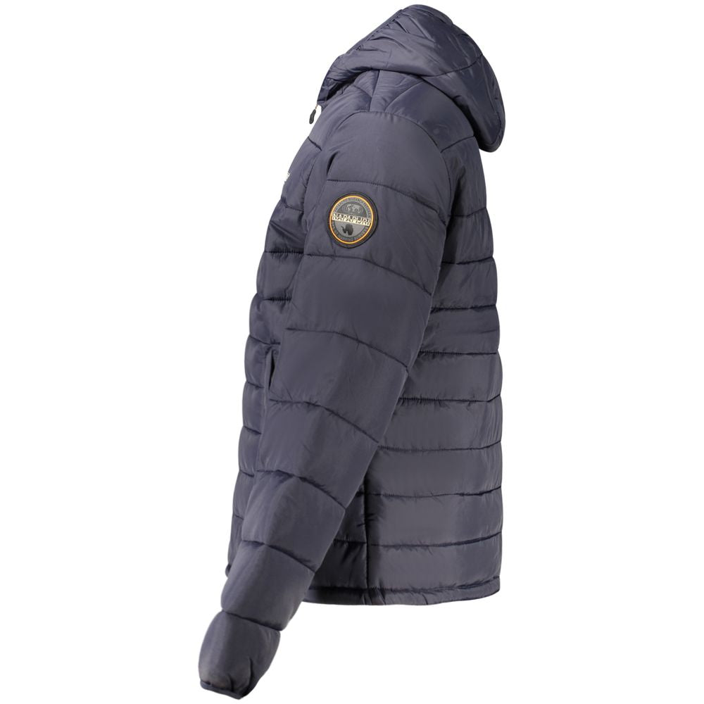 Side view of Napapijri Blue Polyamide Men's Jacket with hood and logo patch.