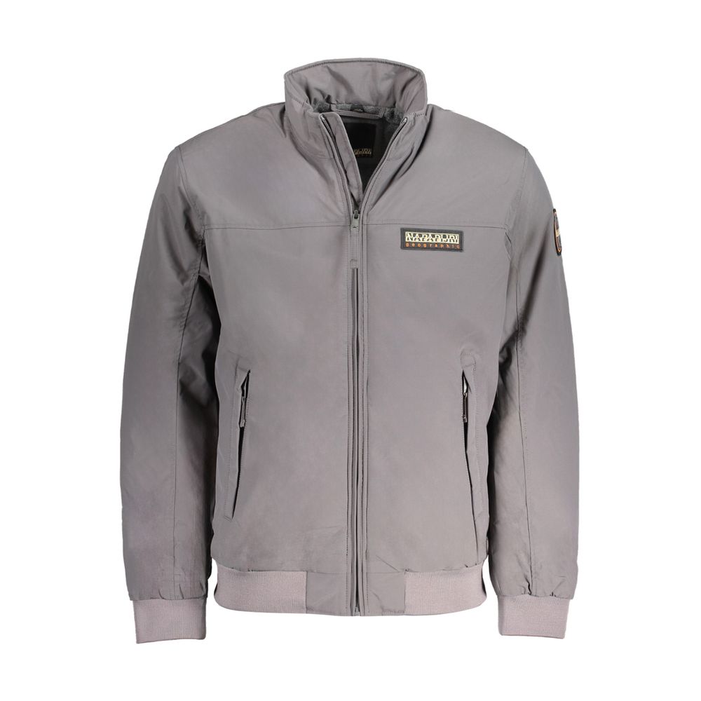 Napapijri Gray Polyamide Men Jacket with logo, eco-friendly design, regular fit, and long sleeves.