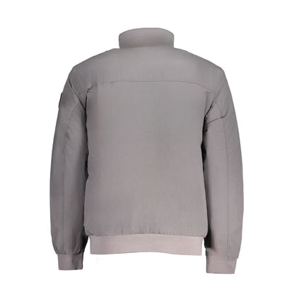 Back view of Napapijri Gray Polyamide Men Jacket, eco-friendly with iconic design, ideal for trendsetters seeking sustainable fashion.