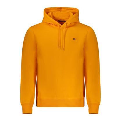 Napapijri Orange Cotton Men Sweater with hood and bold logo, perfect for breezy days. Comfortable and durable cotton-polyester blend.