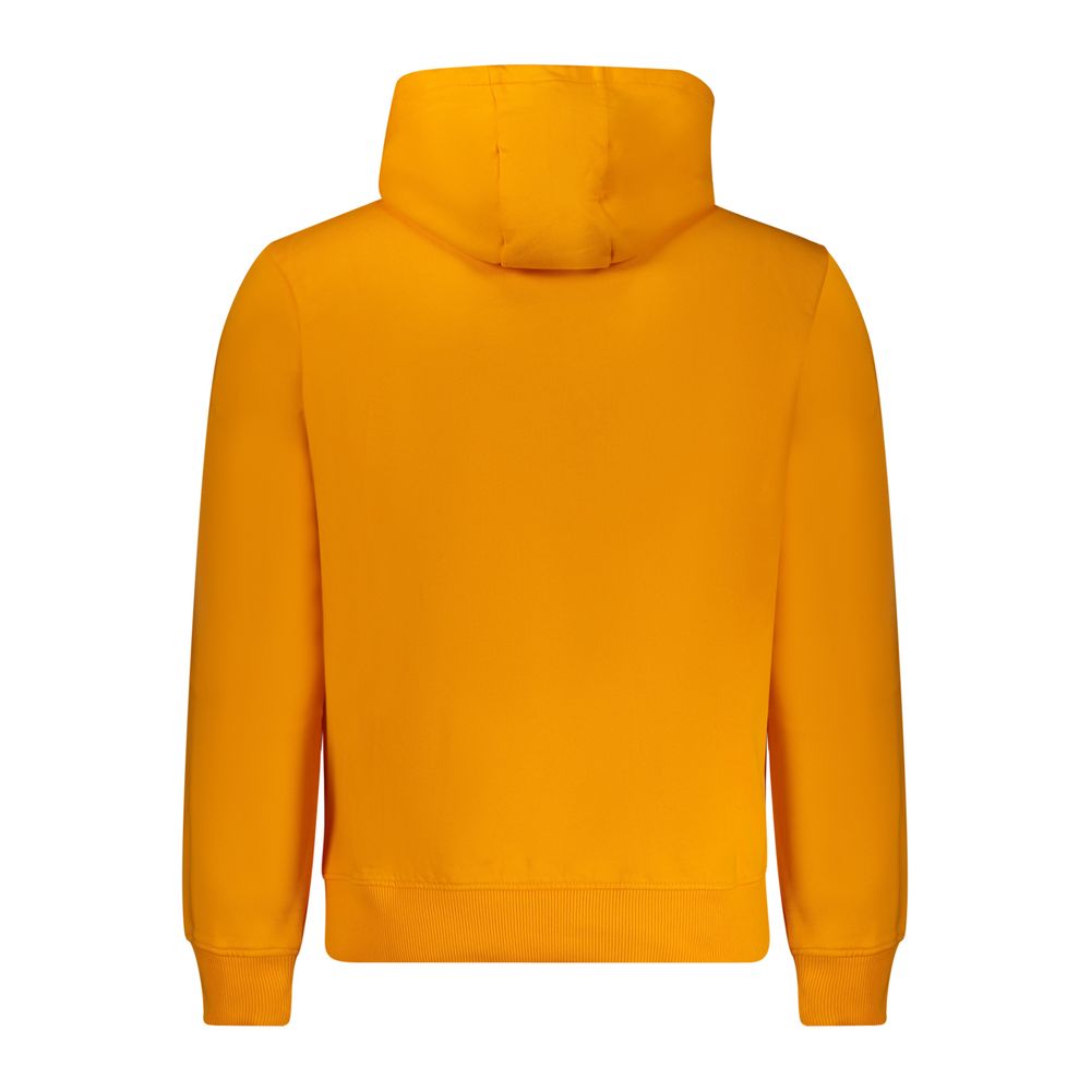 Back view of Napapijri Orange Cotton Men Sweater with hood, showcasing vibrant color and quality stitching.