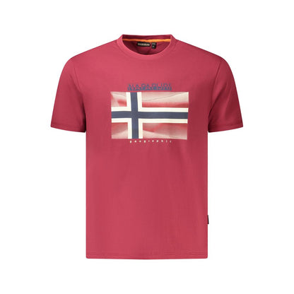 Napapijri Red Cotton Men T-Shirt with a bold print and logo, showcasing sustainable fashion made from 100% organic cotton.