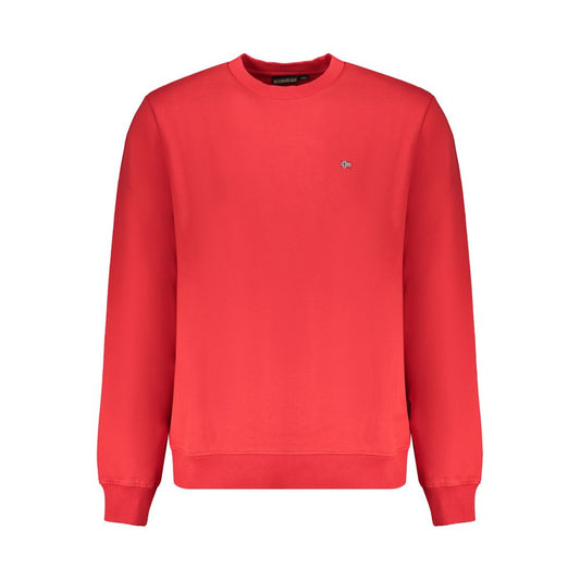 Napapijri Red Organic Cotton Men Sweater with long sleeves and crew neck, featuring iconic logo and embroidery, sustainable fashion choice.