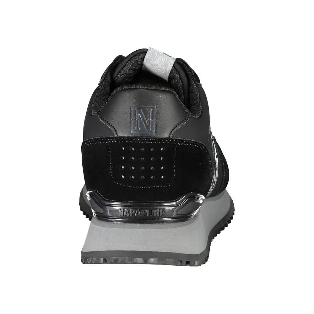 Back view of Napapijri Sleek Black Contrast Lace Sneakers with bold logo and stylish design. Casual footwear for a fashion-forward look.