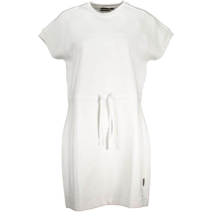 Napapijri White Cotton Dress with short sleeves and crew neck, featuring logo application, perfect for sports and casual wear.